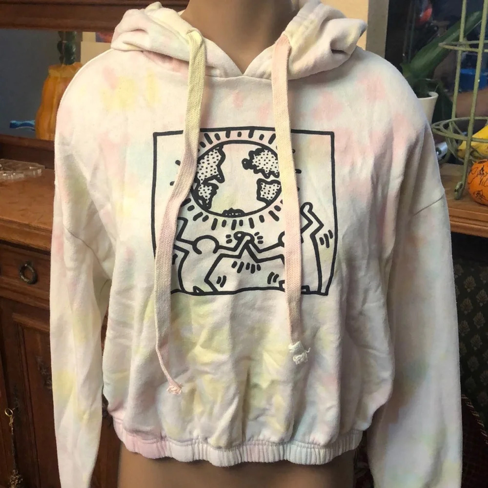 Keith Haring pastel tie dye cropped length hoodie Earth Day! - Picture 2 of 5